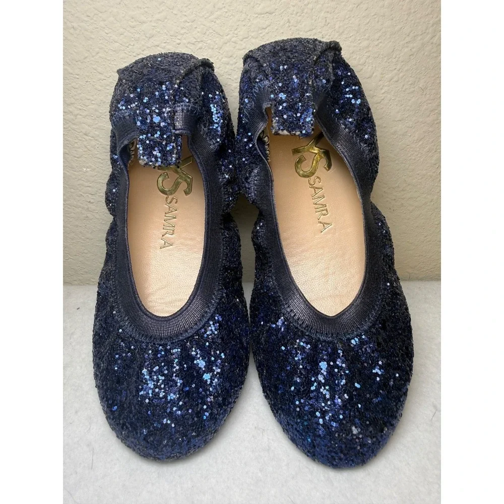 Yosi Samra Blue Glitter Ballet Flats Kids Size 5 Slip On Sparkle Foldable Shoe